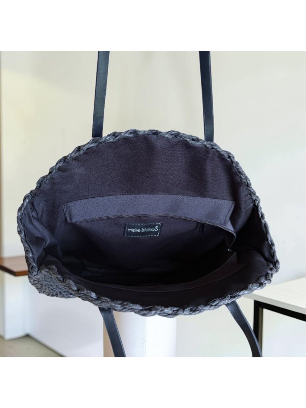 Melie Bianco Ciara Natural Straw Woven Round Circle Bag Purse Black - Picture 7 of 10